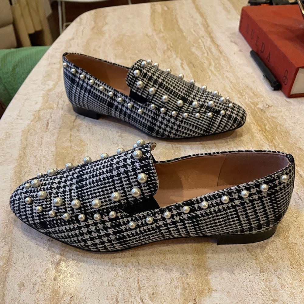 J.CREW PEARL-STUDDED LOAFERS IN GLEN PLAID